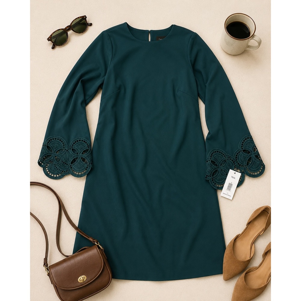 Clover and Sloane Teal Eden Green Bell Sleeve Lace Cuff Shift Dress Small NWT